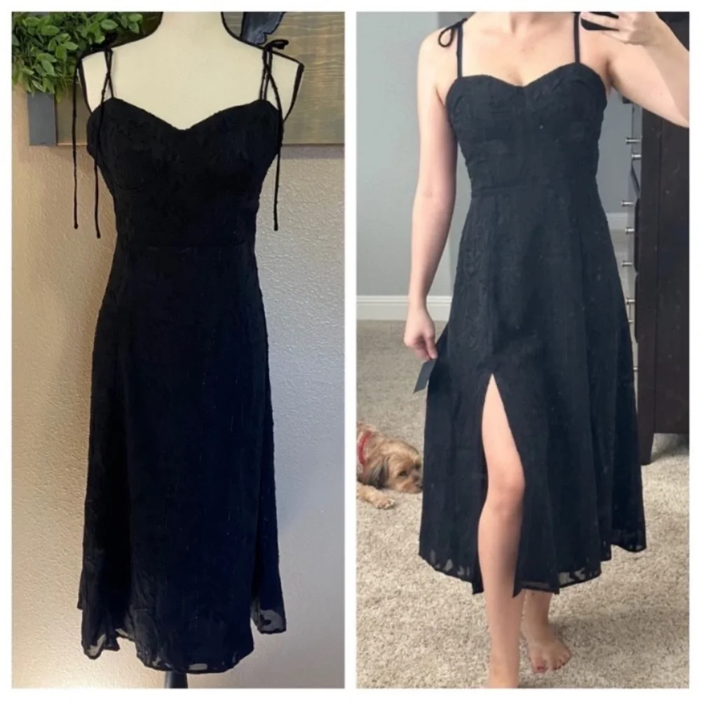 NWOT Lulus Loveliest Looks Black Floral Jacquard Tie-Strap Midi Dress